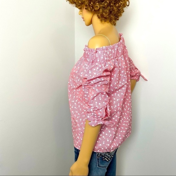 Love Notes Pink & White Floral Blouse – Elastic Neckline, Size Medium - Picture 6 of 9